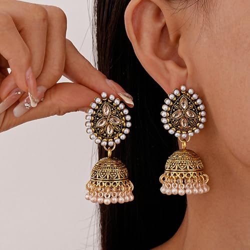 Indian Gold Jewelry Earrings for Women Jhumkas Chandelier Dangle Earring Bollywood Party Accessories Ethnic Gift Set Traditional Indian Handmade Jhumka2