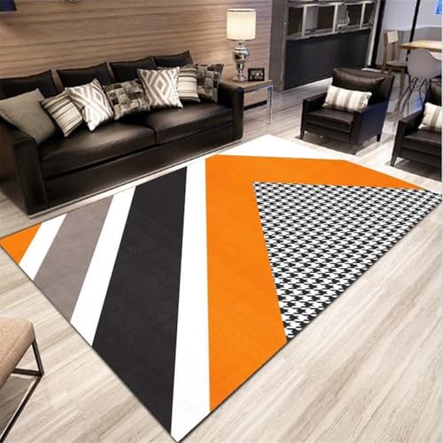Tapis moderne géométrique noir et orange d’extérieur et intérieur 140x200cm de qualité