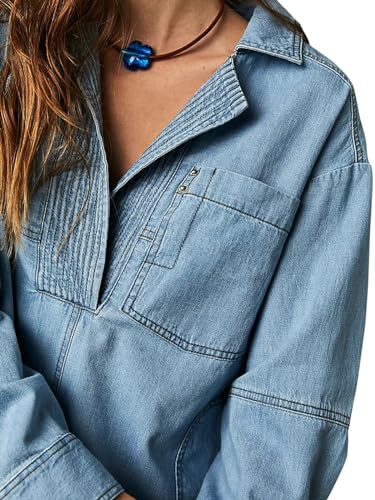 Fazortev Women's Denim Pullover Casual Button V Neck Blouse Loose Fit Long Sleeve Jean Jacket With Pocket4
