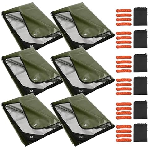RedSwing 6 Pack Heavy Duty Waterproof Emergency Thermal Tarp, Insulated Survival Blanket for Outdoor Camping, Hiking, and Emergency Shelter, Green Cover