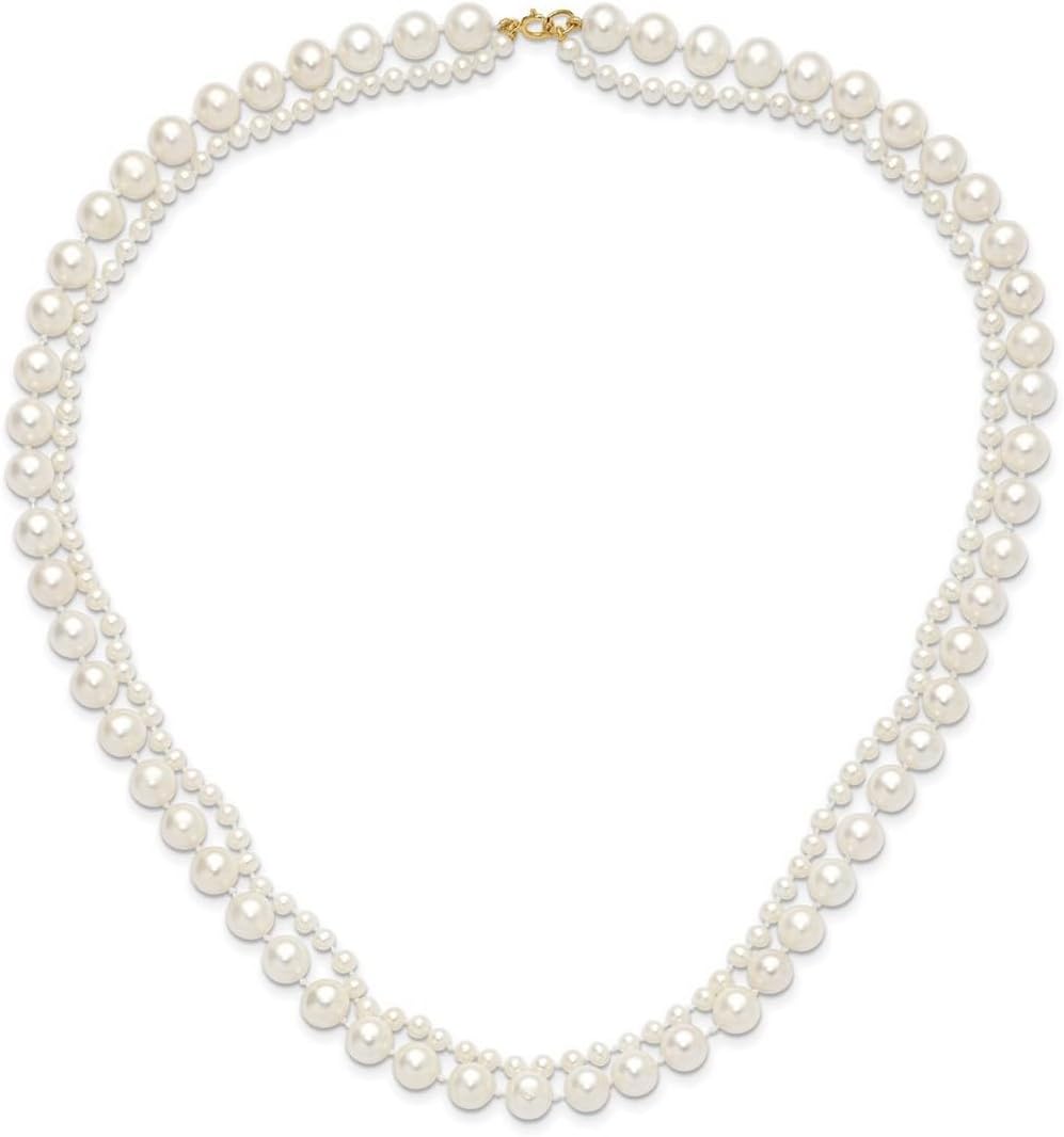 14k Solid Gold 3-4mm and 7-8mm White Freshwater Cultured Pearl 2-strand Necklace 18 Inch Strand for Women
