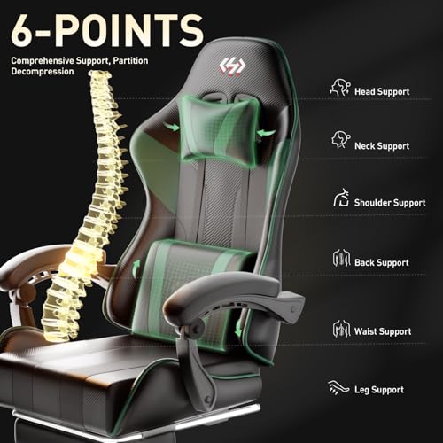 HLDIRECT Gaming Chair with Pocket Spring Cushion, Video Game Chair, Gaming Computer Chair, Ergonomic Chairs with Headrest and Lumbar Support for Adults, Swivel PU Leather Office Chair, Black & Green - Image 5
