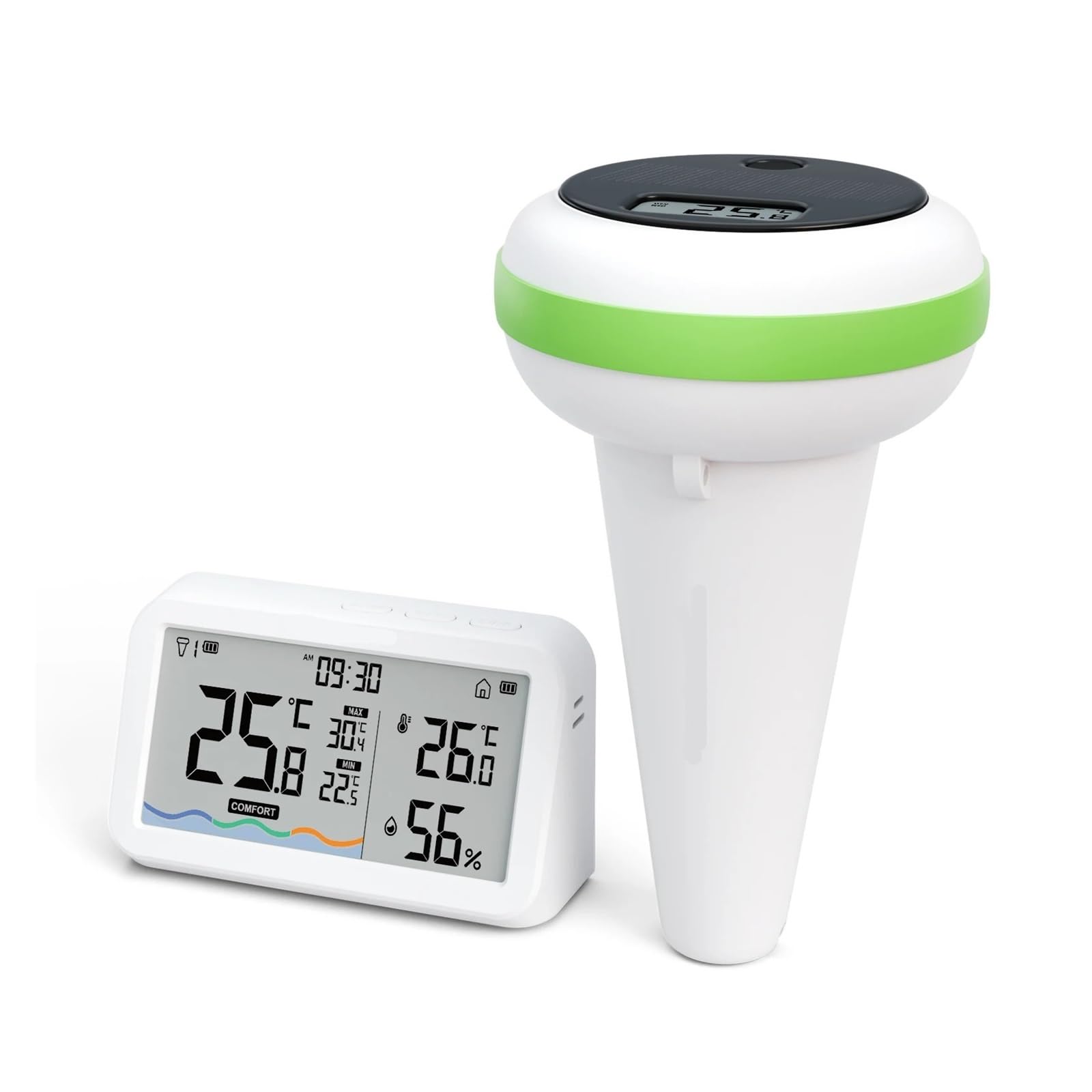 Termometro Solare Wireless for Piscina, Distanza di Trasmissione Ultra Lunga 300 m, con Monitor di Temperatura e umidità Interna