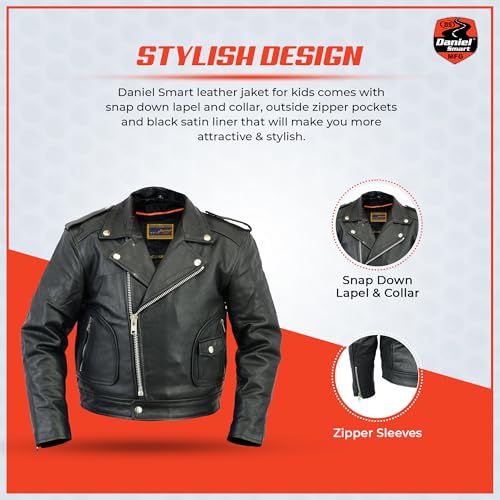 Daniel Smart Boys Leather Jacket Premium Kids Motorcycle Jacket with Unique Plain Sides Design and Multiple Pockets4