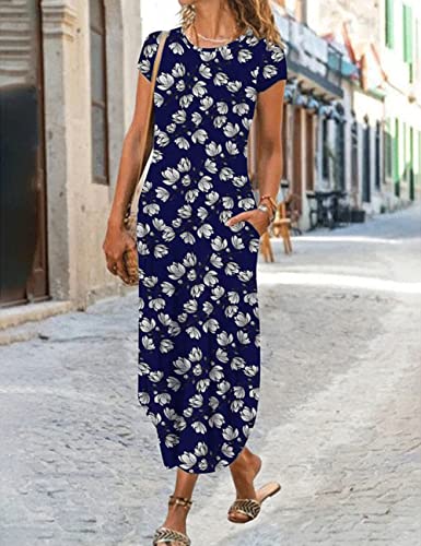 Image of Women Summer Casual Maxi Dress Floral Printed Loose Pockets Short Sleeve Split Boho Dresses