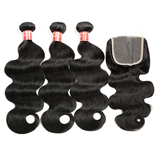 Brazilian Virgin Hair, Queenstar Grade 8A Brazilian Body Wave Remy Hair 4pcs Set Body Wave Free Part Lace Closure with 3 Bundles 100 Unprocessed Human Bundles (14"16"18" with 12"closure)
