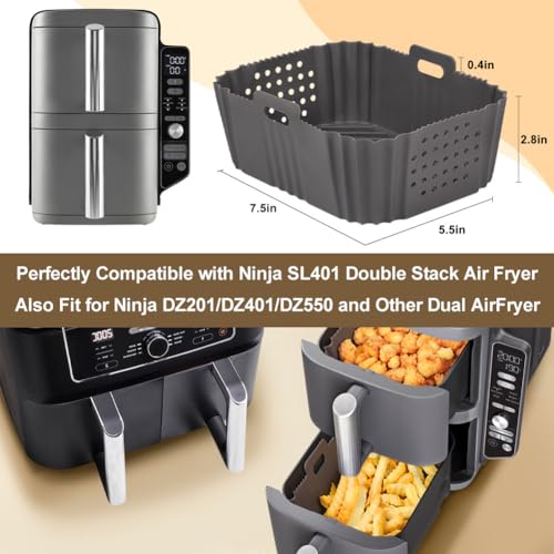 BYKITCHEN Silicone Air Fryer Liners for Ninja SL401 Double Stack 2 Basket Airfryer, Reusable Rectangle Perforated Silicone Liners for Dual Airfryer, Ninja DoubleStack XL Air Fryer Accessories by BYKITCHEN - Image 2