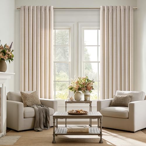 Image of 90 Inch Length 2 Panels Oatmeal Beige Linen Sheer Curtains 52x90 | Light Filtering, Semi Sheer, Grommet Drapes, Thick Linen, Privacy, Boho, Farmhouse, Window Curtain, for Bedroom