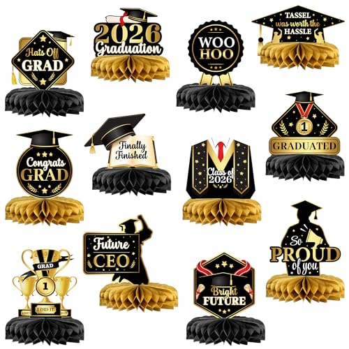 Image of Graduation Decorations 2026 | Black and Gold Graduation Centerpieces For Tables 2026 - Pack of 12 | Congrats Grad Honeycomb Centerpieces | Graduation Centerpieces 2026 | KatchOn