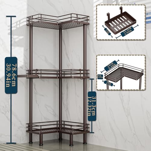 Image of Consumest Corner Shower Caddy Standing - 3-Tier Stainless Steel Shower Organizer with Soap Holder and 4 Hooks, Large Capacity Corner Shelf Stand for Bathroom, Rest Room, Bronze