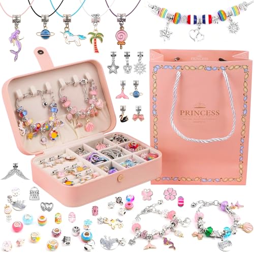 Charm Bracelet Making Kit for Girls - 120Pcs DIY Jewelry Making Kit + Portable Bracelet Organizer Box, Christmas Birthday Mermaid Unicorn Gifts for Girls Toys Crafts for Teens Girls Ages 5 6 7 8-12