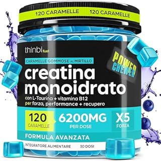CREATINA MONOIDRATO GUMMIES 6200 mg – Integratore con Taurina e Vitamina B12 – 120 Caramelle Gommose al Mirtillo per Energia, Forza e Recupero Muscolare – Formula Vegan Senza Glutine