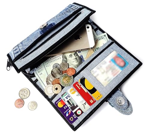 Upcycling Bifold Denim Wallet Decorated Snake skin PU leather Zipper and Buckle Accents Long Wallet Clutch Purse for Women (Black)4