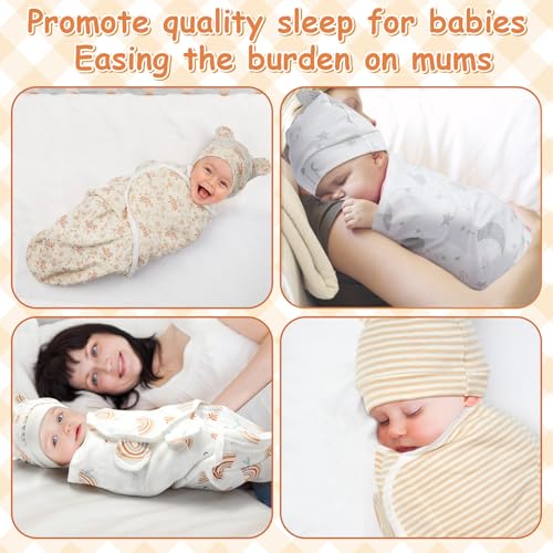 Image of Ramede 6 Pack Swaddle Blanket with Hats for Baby Girl Boy 100% Cotton Swaddles 0-3 Months, Adjustable Breathable Skin Friendly Receiving Blanket Wrap, Essential for Newborns(Boho,Multicolor)