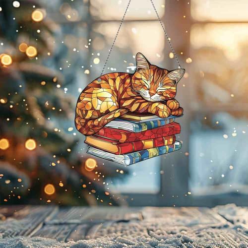 Image of Orange Tabby Cat Acrylic Ornament Gift for Book Lovers Christmas Decor