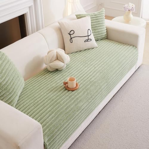 Image of HOMETHREADS Thick & Soft Fur Plush Sofa Cover-Luxurious Cozy Slipcover, Washable & Pet-Friendly, Anti-Scratch Protector for Sofas (Faux Linning Green, 3 Seater | 180x70cm)
