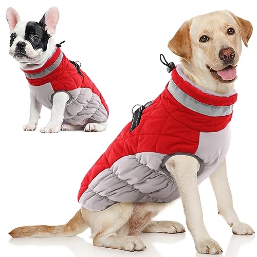 Image of AOFITEE Dog Coat, Warm Dog Winter Coat, Reflective Cold Weather Dogs Puffer Jacket with Harness Built in, Waterproof Pet Fleece Vest Snowsuit for Small Medium Large Dogs, Christmas Red L