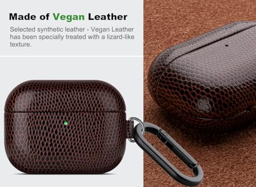 Image of Haobobro Handmade Case - for AirPods Pro 3 Case Cover with Keychain - Selected Vegan Leather, Lizard Skin Texture, Drop Protection Hard Shell Cover for AirPods Pro 3rd Generation Earbuds - Coffee