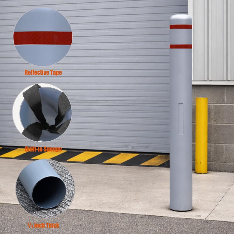 4"x46" Grey Bollard Covers - High-Visibility with Reflective Tape & Built-in Sponge, HDPE Plastic Slip-On Covers for Warehouse Aisle, Parking Lot, Outdoor Safety.