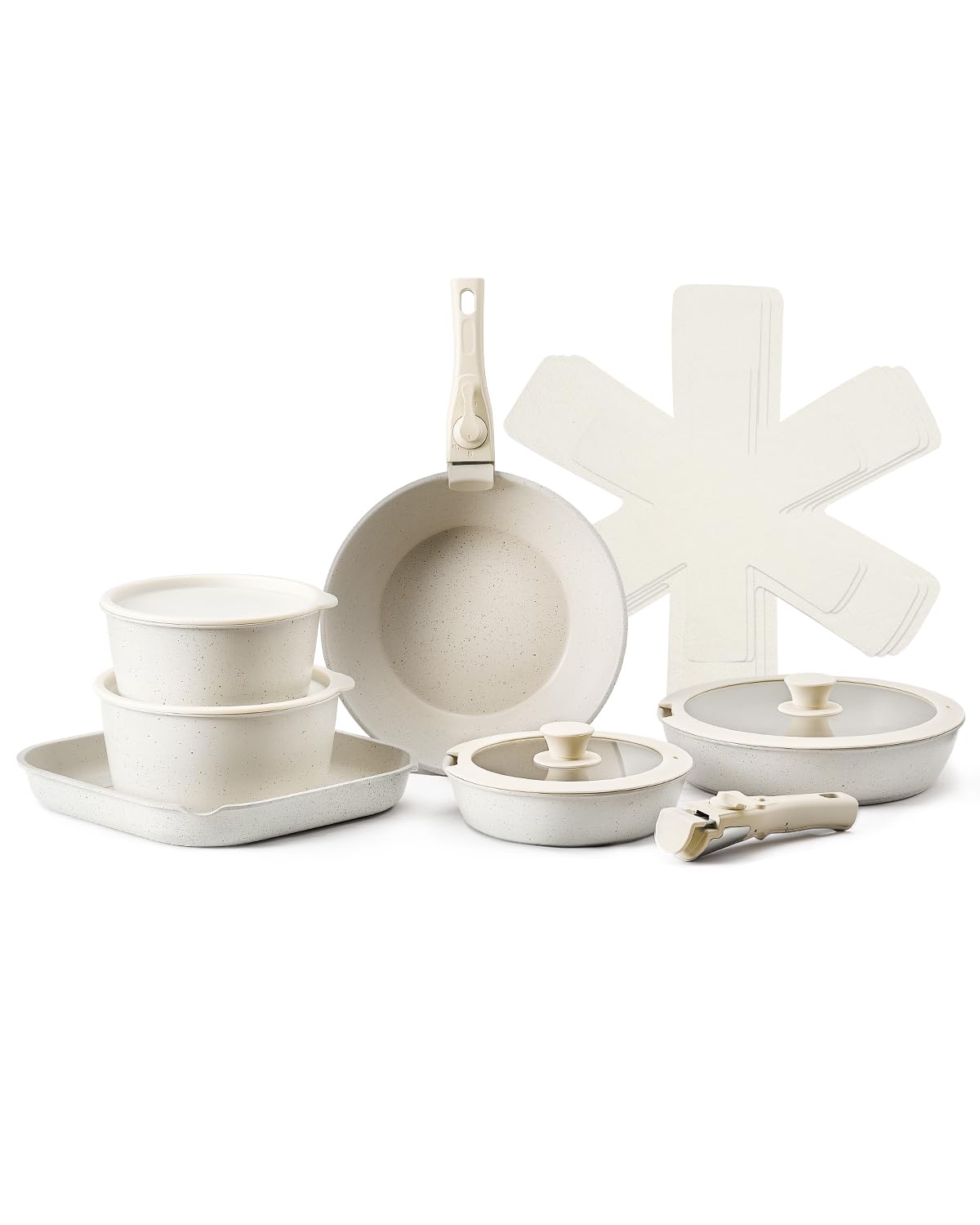 VEVOR Pentole e Padelle Antiaderenti, con Manico Staccabile, Set di Pentole a Induzione da Cucina per Camper, con Frittura, Coperchi in Vetro Temperato, Adatti Forno, Bianco 17 Pezzi