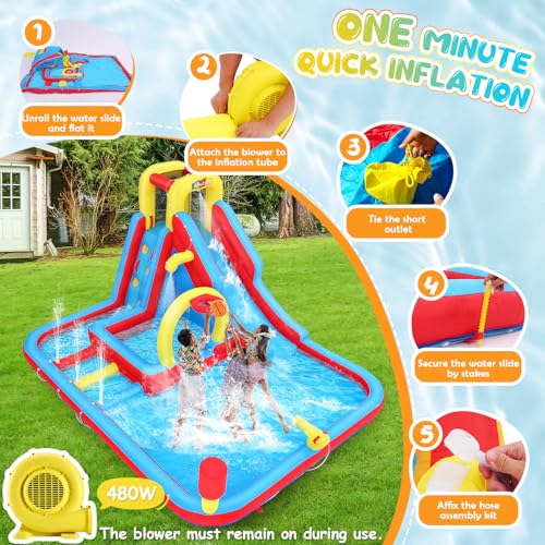 Whubefy Big Inflatable Water Slide for Kids Backyar 13.2x10FT Waterslide Bounce House Obstacle Course, 3 Pool Fountain, Splash Pool, Deep Pool Sprinkler, Blow Up Water Slides Park for Kids Party Gift