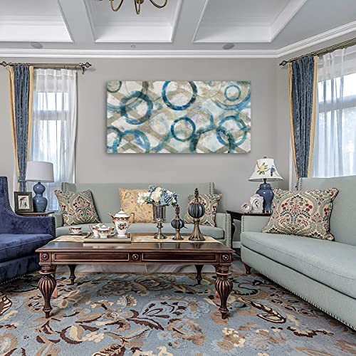 Canvas Wall Art Abstract Blue Circles Wall Pictures Geometric Patterns Canvas Painting Blue Rounds Brown Grey Diamands Wall Decor For Living Room Wall Decorations Framed Ready To Hang 20" X 40" #TOP5