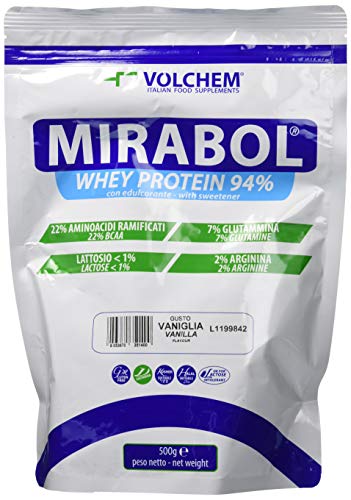 Volchem Mirabol Whey Protein 94, Integratore Alimentare con Proteine del Siero del Latte, 22% Aminoacidi Ramificati, con Arginina e Glutammina, Busta con Polvere Solubile, Gusto Vaniglia, 500 g