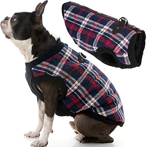 Gooby Fashion Dog Vest - White Check, Medium - Small Dog Sweater Bomber Dog Jacket Coat with D Ring Leash and Zipper Closure - Dog Clothes for Small Dogs Girl or Boy for Indoor and Outdoor Use