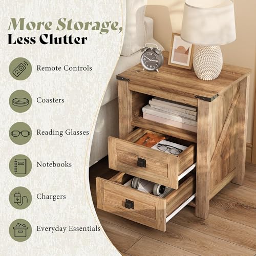 Image of AMERLIFE Farmhouse Nightstand Set of 2, Wooden Side Table with Drawers & Open Shelf, Narrow /Small Bedside End Table, Wood Night Stand for Bedroom /Dorm /Home Office, Rustic Honey Brown