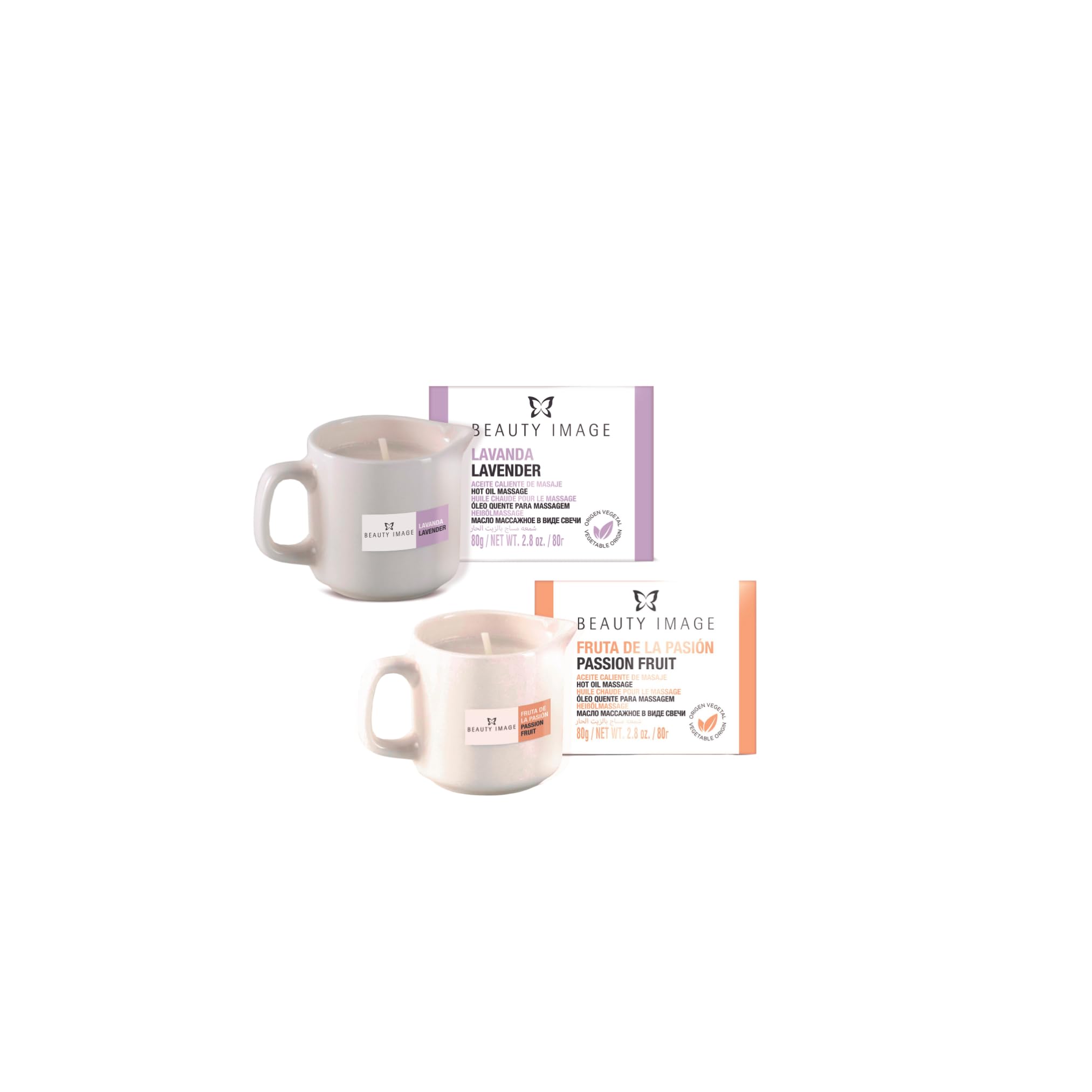 BEAUTY IMAGE Pack de 2 Velas de Masaje Grandes - Fruta de la Pasión - Lavanda [de 4 a 5 Masajes de Cuerpo Entero cada Vela]. Aceite Caliente para Masaje Profesional. Calidad Hecho en Europa.
