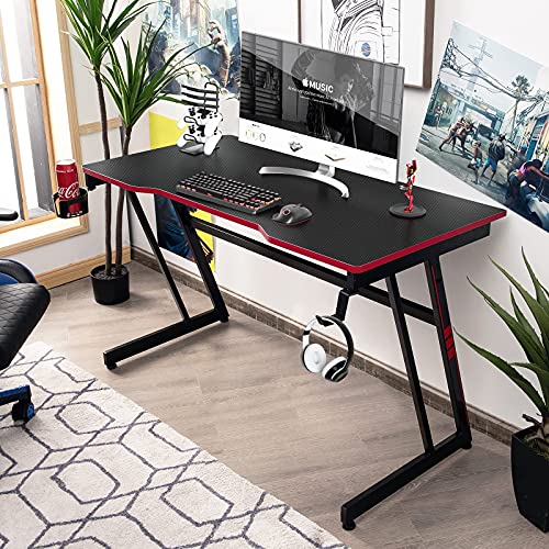 Tangkula Gaming Desk, Z Shaped Ergonomic Gaming Table Computer Desk With Adjustable Headphone Hook, Cup Holder, Gaming Handle Rack, Home Office Gamer Workstation With Carbon Fiber Desktop (Red) #TOP4