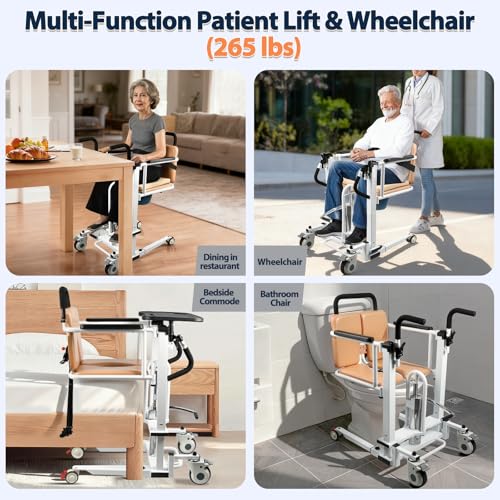 Image of Patient Lift Transfer Chair, 6 in 1 Patient Lift Chair with 180Split Seat for Home, Height Adjustable Portable Lift Nursing Chair with 4 Casters, Commode & Seat Cushion for Seniors Elderly, Orange