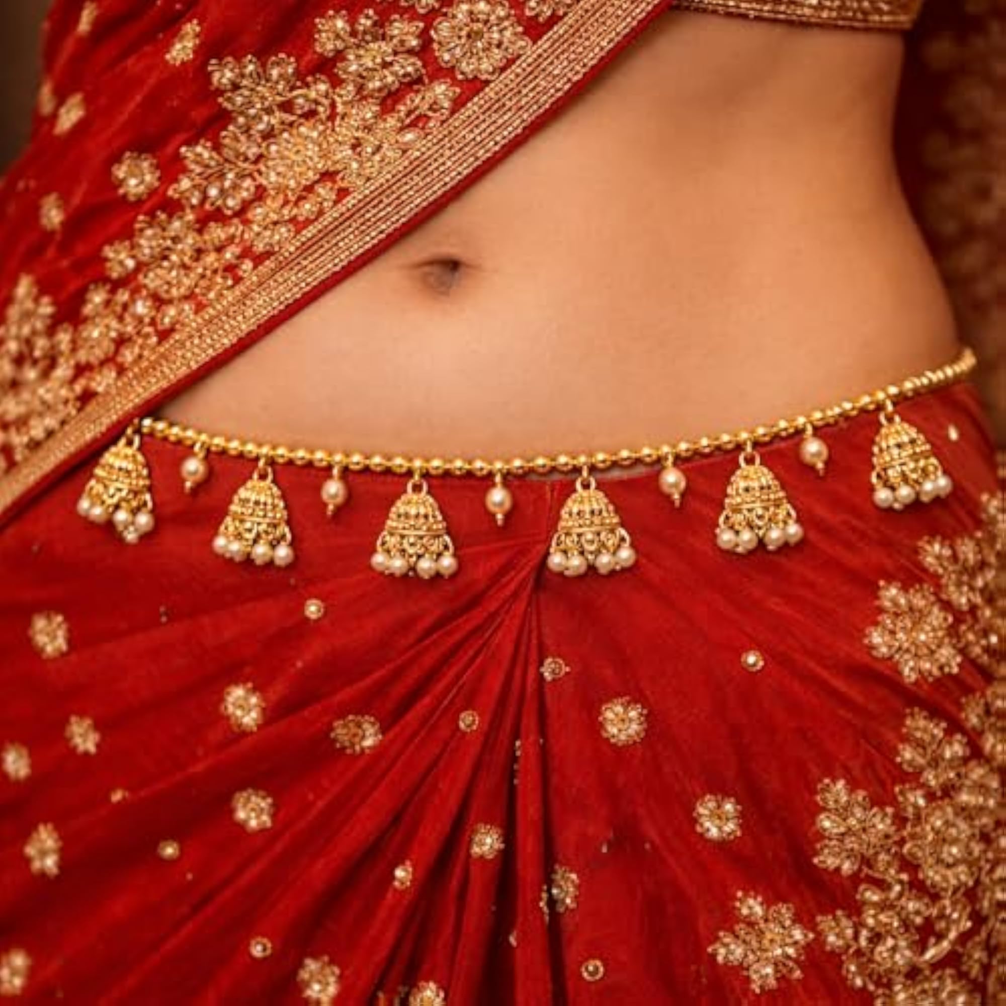 Women's Traditional Golden Beads Waist Chain with Pearl Drops