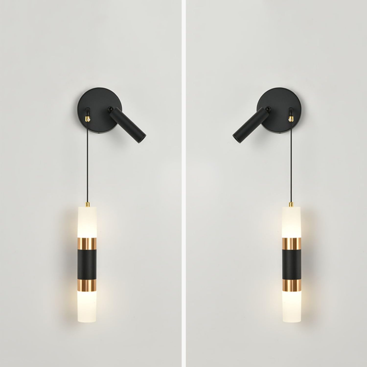 Applique da Parete Nera Moderna Minimalista a LED, Lampada Artistica da Comodino in Alluminio con Filo sospeso, Regolabile 3000K/4000K/6000K, 18W, Applique a Tubo Lungo Dorate per