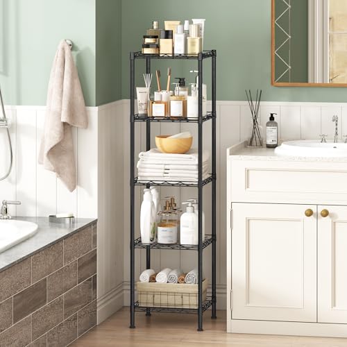 HOMEFORT Storage Shelves, 5-Wire Shelving, Metal Shelving Unit Adjustable Storage Shelves Rack for Kitchen, Pantry, Bathroom, Black, 11.4\" W x 11.4\" D x 46\" H