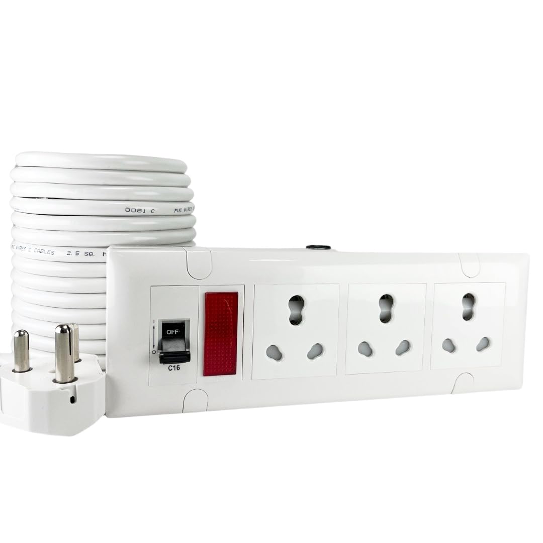 Extension Board 6A/16A &1500/2500W with 6/16A Socket 3nos (with Safety Shutter)+ 16A MCB with Power Indicator, 2.5 Sq.mm 3 Core White Copper Wire (2500Wattage 6A Small Plug, 2 Meter)-image-36