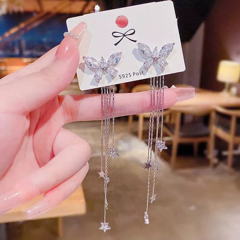 Boucles d'oreilles longues papillon pour femme en argent et strass parfaits pour les soirées