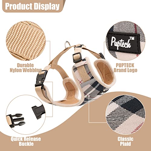 Pupteck Dog Harness And Leash Collar Set For Small Dogs Fully Adjustable No Pull Reflective Puppy Cat Soft Mesh Plaid Harnesses, Beige S #TOP2