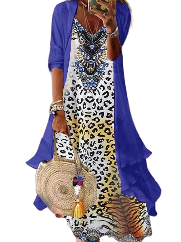 Geleglaer Women Casual Two-Piece Set Boho Floral Print Maxi Dress with Cardigan Irregular Hem Flowy Loose Wedding Guest Dress