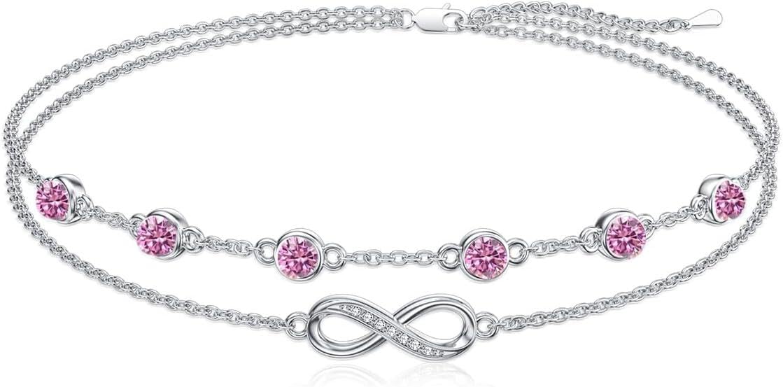 Dorunmo Infinity-Geburtsstein-Charm-Gliederarmbänder/-Fußkettchen für Frauen aus925erSterlingsilber Mit Opal/Wassergras Achat/Türkis,verstellbar,Schmuckgeschenk für Mama, Frauen, Ehefrauen,Freundin