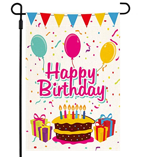 QWETRY Burlap Happy Birthday Garden Flag Double Sided 12x18 Inch Small Vertical Premium Rustic Welcome Birthday Yard Flag for Outside Outdoor Farmhouse Lawn Banner Party Celebration