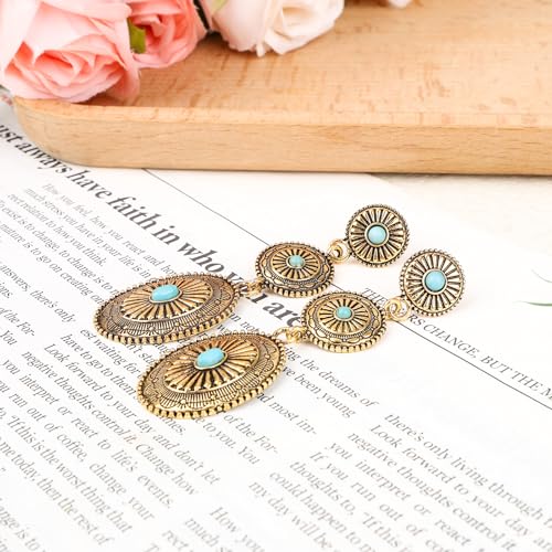 Western Earrings for Women, Oval Synthetic Turquoise Dangle Earrings Vintage Country Concert Concho Dangling Earring Nashville Cowboy Rodeo Outfit Dress Jewelry Gifts Accessories for Cowgirls4