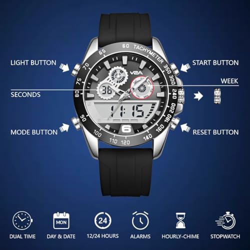Image of V2A Men's Multifunction Analog-Digital Sports Watch - Dual Display, Quartz Movement, Zinc Alloy Case, Stopwatch, Alarm, 30M Water Resistant, Silicone Strap, Tachymeter Bezel