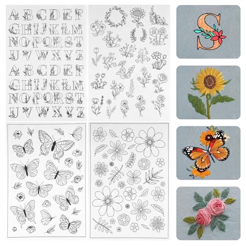 4 Blatt 135 Stück Stickvorlagen Wasserlöslich, Selbstklebend mit Blumen, Schmetterlingen, Pflanzen und Buchstaben für DIY, Kleidung und Taschen – Ideal für Anfänger, Sticken Vorlagen
