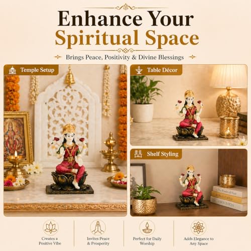 Image of ARMONIA Laxmi MATA Idol with Lotus Throne and Golden Crown | Mahalakshmi Devi Murti for Home, Mandir,Office Desk,Varalakshmi Vratam,Spiritual Decoration,Best Spiritual Gift for Wedding & Housewarming