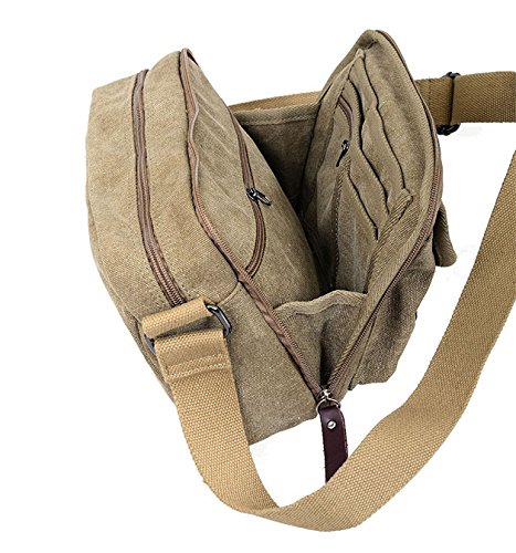 Ecokaki(Tm) Vintage Fashion Multi-Pocket Canvas Hiking Traveling Satchel Crossbody Bag Shoulder Messenger Bag, Khaki #TOP2