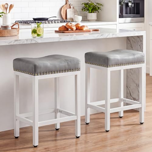 Image of 24 Inch Bar Stools Set of 2, PU Leather Counter Height Stools | Upholstered Modern Saddle Barstools with Metal Base and Footrest for Home Bar, Small Apartment, Grey