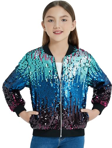 EXARUS Girls Sparkle Sequin Jacket with Pockets Glitter Lightweight Zipper Long Sleeve Bomber Jackets for Kid 6-12Y