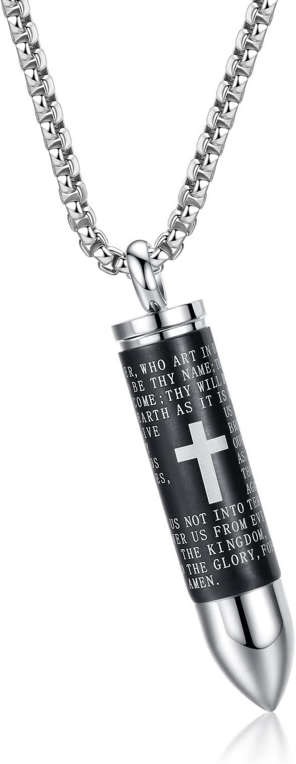 MONIYAStainless Steel Bullet Pendant Urn Ashes Necklace Cross Lords Prayer in English, 21.6" Box Chain