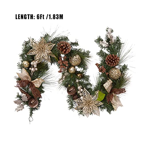 GarveeHome Christmas Garland with Lights for Mantle, 6FT Pre-Lit Xmas Garland with Brown Ball Ornaments Pine Cones and Ribbon Bows for Fireplace Front Door Window Indoor Outdoor Christmas Decoration